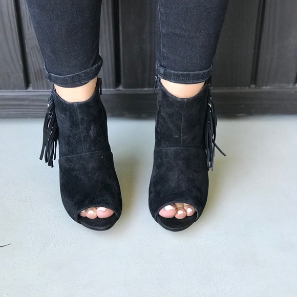 Black Peep Toe Fringe Tassel Ankle Boots - Picture 5 of 8